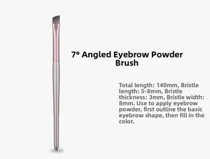 Detail of angled eyebrow brush with 140mm silver handle and pink ferrule specifications
