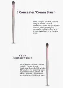 Detailed dimensions of silver and rose gold makeup brushes for concealer and eyeshadow