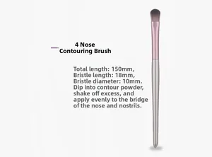 Detailed specs of nose shadow brush with 150mm pearlescent handle and soft fiber bristles