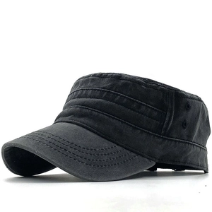 Classic washed black cotton cadet army cap with flat top and breathable eyelets