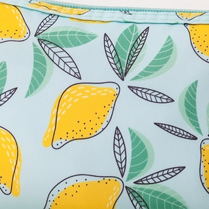 Waterproof clear PVC makeup bag set with lemon print on fresh light blue fabric