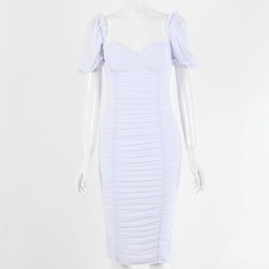 Elegant white bodycon dress with puff sleeves and ruched texture on a mannequin
