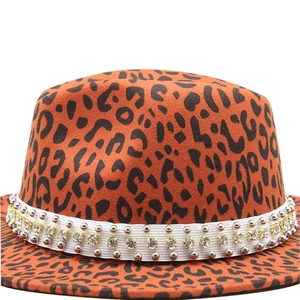 Chic leopard print wool felt fedora hat with rhinestone and stud decorative band