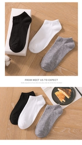Detailed display of three-color low-cut socks in black, white, and grey cotton knit