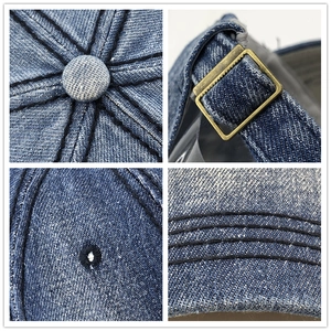 Berretto da baseball in denim blu scuro con fibbia in metallo vintage e impunture