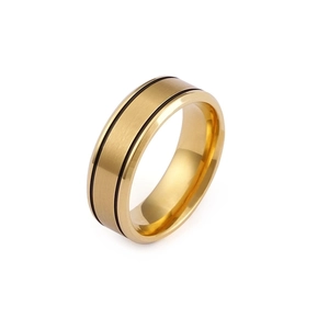 Golden stainless steel couple ring with brushed sand finish and parallel black lines