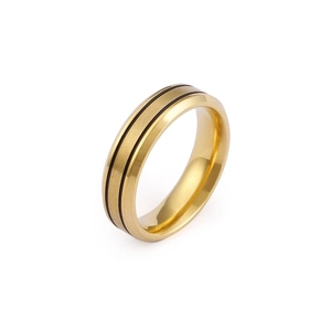 Gold brushed stainless steel ring featuring two parallel black lines and polished edges