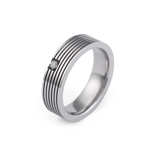Modern titanium steel ring with five parallel grooves and a single round-cut cubic zirconia
