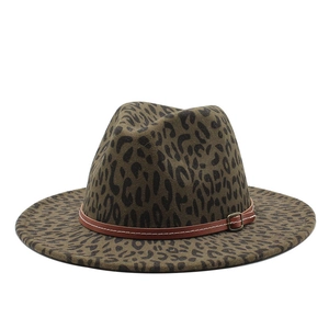 Dark green leopard print wide brim wool felt fedora hat with brown leather buckle band