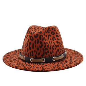 Classic leopard print fedora hat with a black leather decorative band and metal buckle