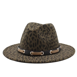 Leopard Print Fedora Hat Wide Brim Woolen Felt Jazz Cap With Leather Band Metal Eyelets Vintage Style For Men Women