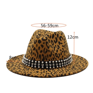 Chapeau Fedora en laine léopard avec ruban perles et strass pour femmes 56-59cm