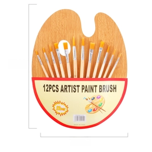 Set of 12 art brushes with wooden handles and nylon bristles in a 30x23cm palette tray