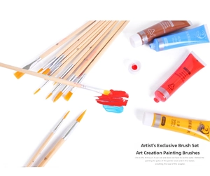 Detailed shot of artist brushes with wooden handles and nylon bristles on colorful background