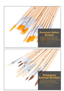Detail of 12pcs artist paint brushes showing nylon and animal hair bristles with wood handles