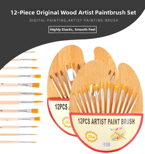 Detail of 12pcs professional paintbrush set with nylon hair and wooden handles for art