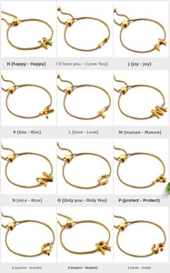 Detailed grid of gold stainless steel adjustable bead bracelets with bamboo letter charms