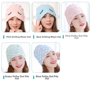 Detailed views of cotton postpartum hats with eyelash and polka dot animal patterns