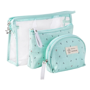 3-piece mint green fabric and transparent PVC travel toiletry bag set with anchor pattern