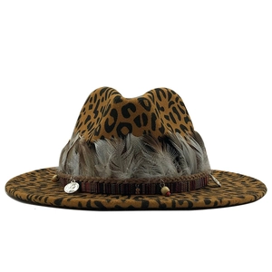 Chapeau fedora léopard pour femme en laine avec plumes et ruban bohème