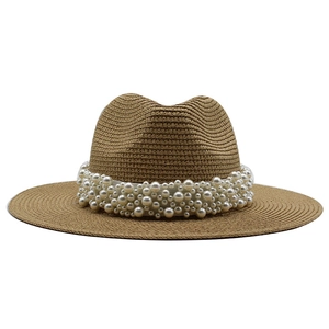 Chapeau De Paille Fedora Élégant Avec Décoration De Künstliche Perles Artificielles Protection Solaire Respirant Vacances Plage Pour Femmes