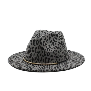 Grey leopard print wool fedora hat with flat brim and elegant gold metal chain trim