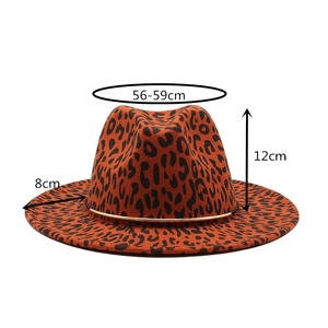 Detail view of leopard print fedora hat with 12cm height and 8cm brim dimensions