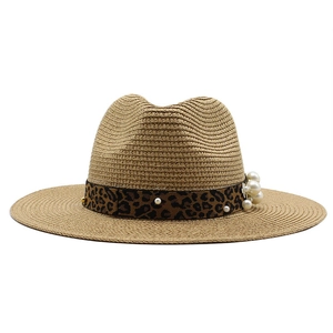 Straw Fedora Hat Sun Protection Beach Summer Jazz Cap With Leopard Print Ribbon And Artificial Pearl Decor For Women