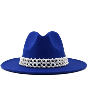 Elegant Women Fedora Hat Wool Felt Wide Brim Jazz Cap With Braided Faux Artificial Pearl Band Vintage Retro Style