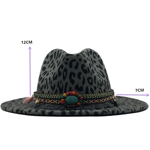 Grey leopard print fedora hat with turquoise bead and fringe detail, 12cm high and 7cm brim