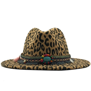 Leopard print wool fedora with ethnic beaded band and turquoise stone accent