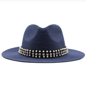 Chapeau de soleil bleu marine en paille avec perles et strass pour femmes en été