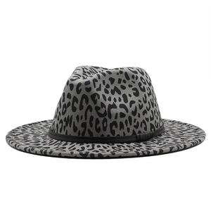 Classic grey leopard print fedora hat with wide brim and black leather band decoration