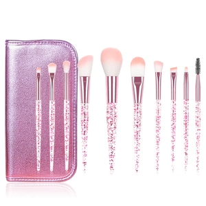 Pink glitter liquid handle makeup brush set with 10 pieces and PU leather storage pouch