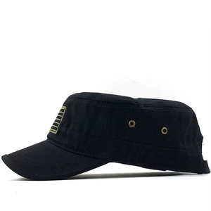 Side view of black washed cotton military cap with brass eyelets and textured embroidery