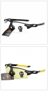 Detail view of transparent protective lenses and yellow night vision cycling eyewear