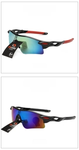 Detail view of polarized sports cycling sunglasses with golden and blue mirror lenses
