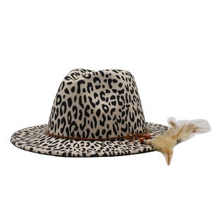 Leopard print wool fedora hat with ethnic beads and brown feather decoration