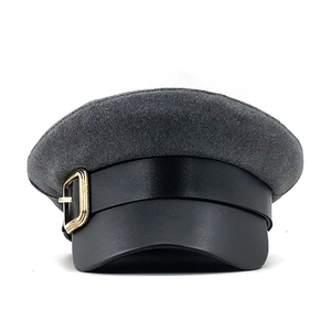 Dark gray wool octagonal cap with black leather visor and gold metal buckle detail