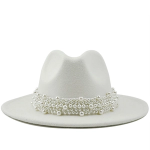 Eleganter weißer Wollfilz-Fedora-Hut für Damen mit luxuriösem Perlenverzierung