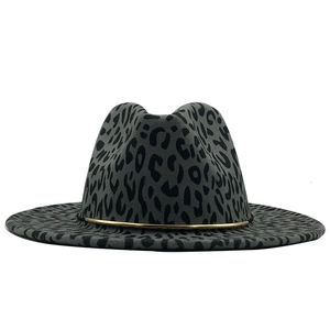 Grey leopard print wool fedora hat with wide brim and gold metal band for women