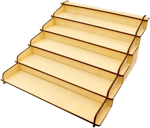 Detailed close-up of 6-tier wooden display shelf showing assembly slots and natural wood grain