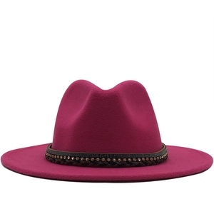 Elegant rose red wool fedora hat with a diamond studded braided leather band