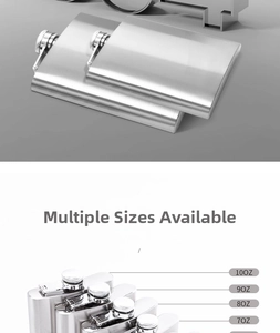 Stacked view of brushed 304 stainless steel hip flasks in 7oz, 8oz, 9oz, and 10oz sizes