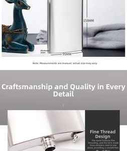 Brushed stainless steel hip flask detail showing dimensions 158mm height and 95mm width