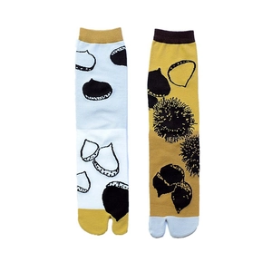 Detailed view of colorful Tabi split-toe socks featuring cute chestnut jacquard patterns