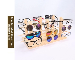 Double-sided wooden eyewear display stand with three rows for 18 pairs of sunglasses