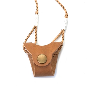 Handcrafted brown leather glasses holder with braided cord and bronze metal button buckle