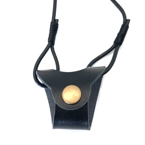 Handmade woven leather sunglasses strap with black mini pouch and gold metal ring buckle