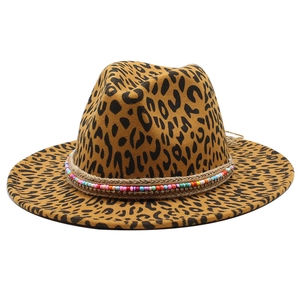 Leopard Print Fedora Hat Wool Felt Wide Brim Bohemian Beaded Band Fashion British Style Jazz Cap For Women Men